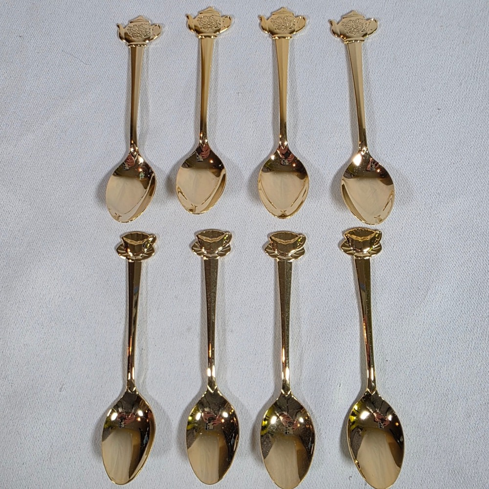 Vintage HIC Japan Gold-tone Stainless Teapot Teacup Demitasse Spoons Set of 8